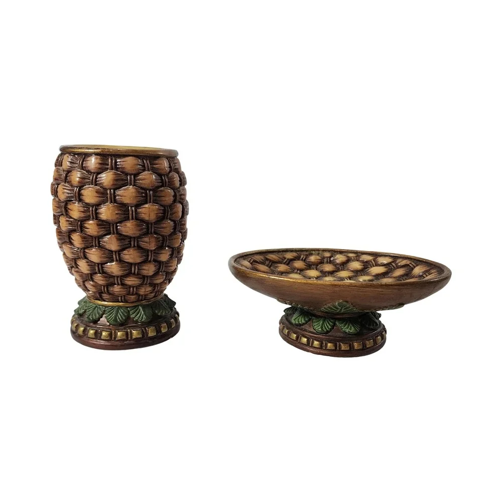 Springs Global Tropical Basketweave Resin Bathroom Set Soap Dish Tumbler Brown